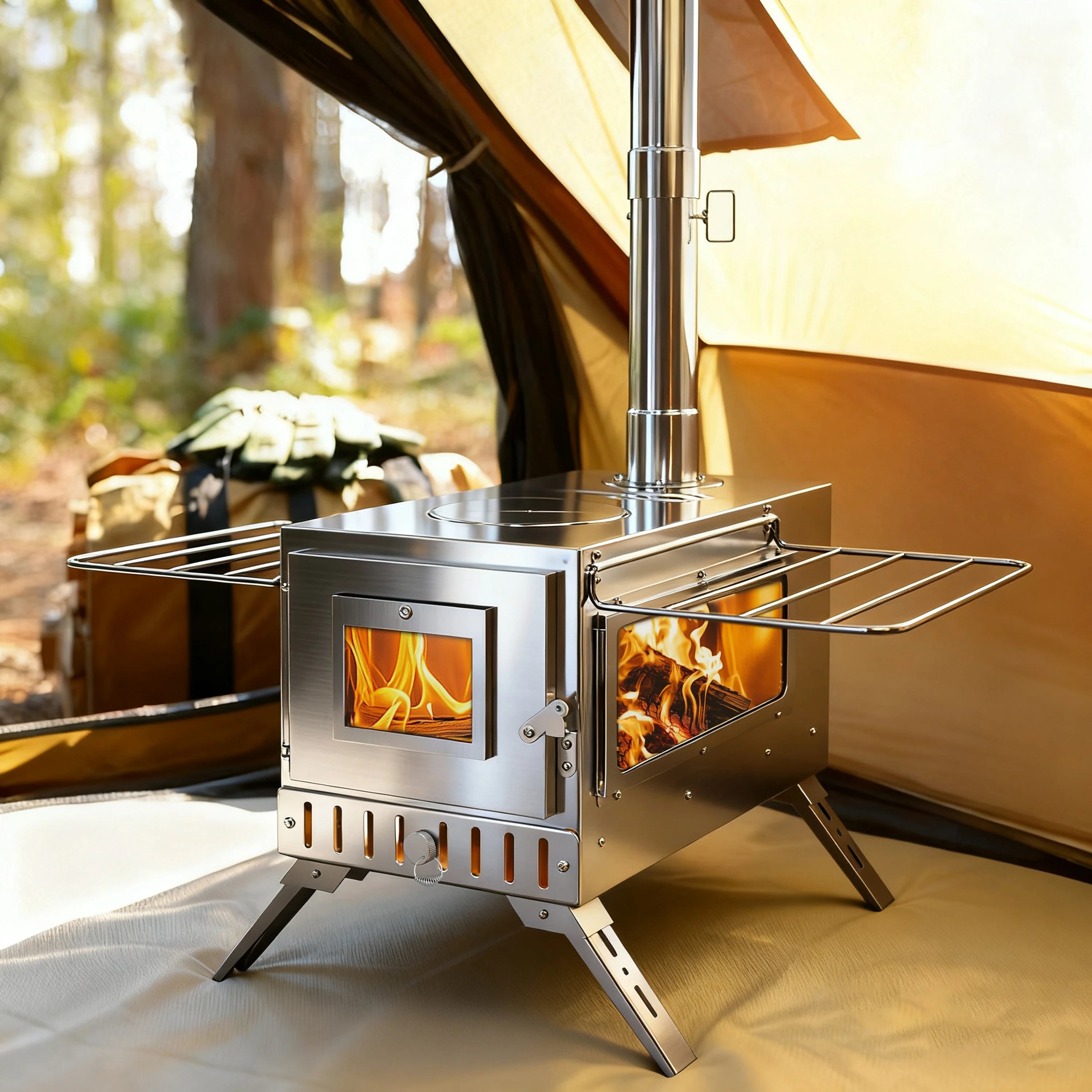 Hot Tent Stove, Portable Wood Burning Camping Stove Stainless Steel for Tent, Outdoor, Heating, Cooking, Ice Fishing