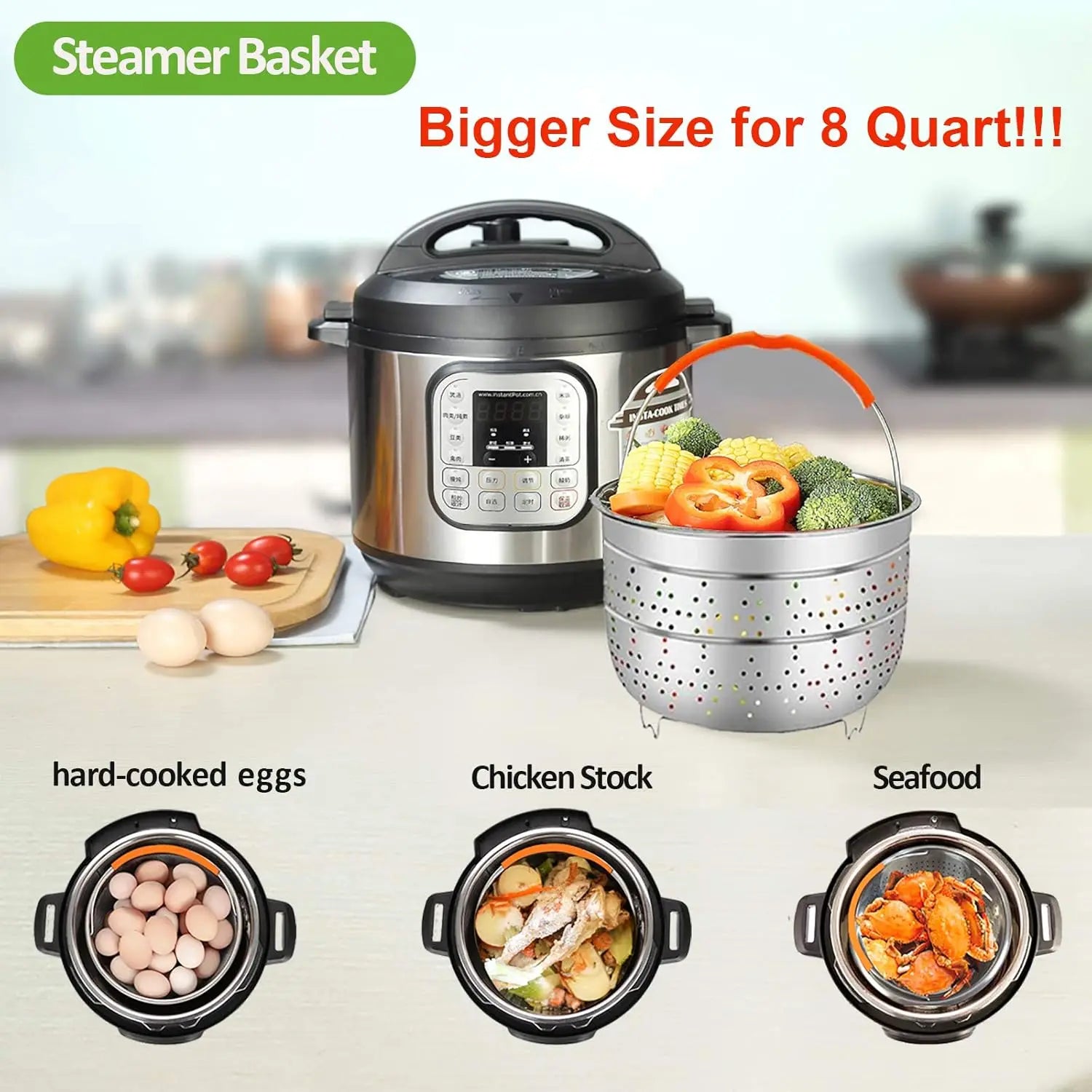 8 Quart Pressure Cooker Accessories Set - Steamer Basket, Glass Lid, Silicone Rings & More for Cooking