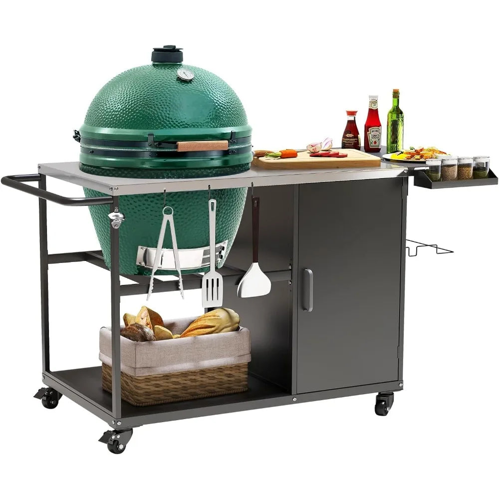 Heavy metal outdoor grill stand prep table with wheels, plenty of storage, for big green egg