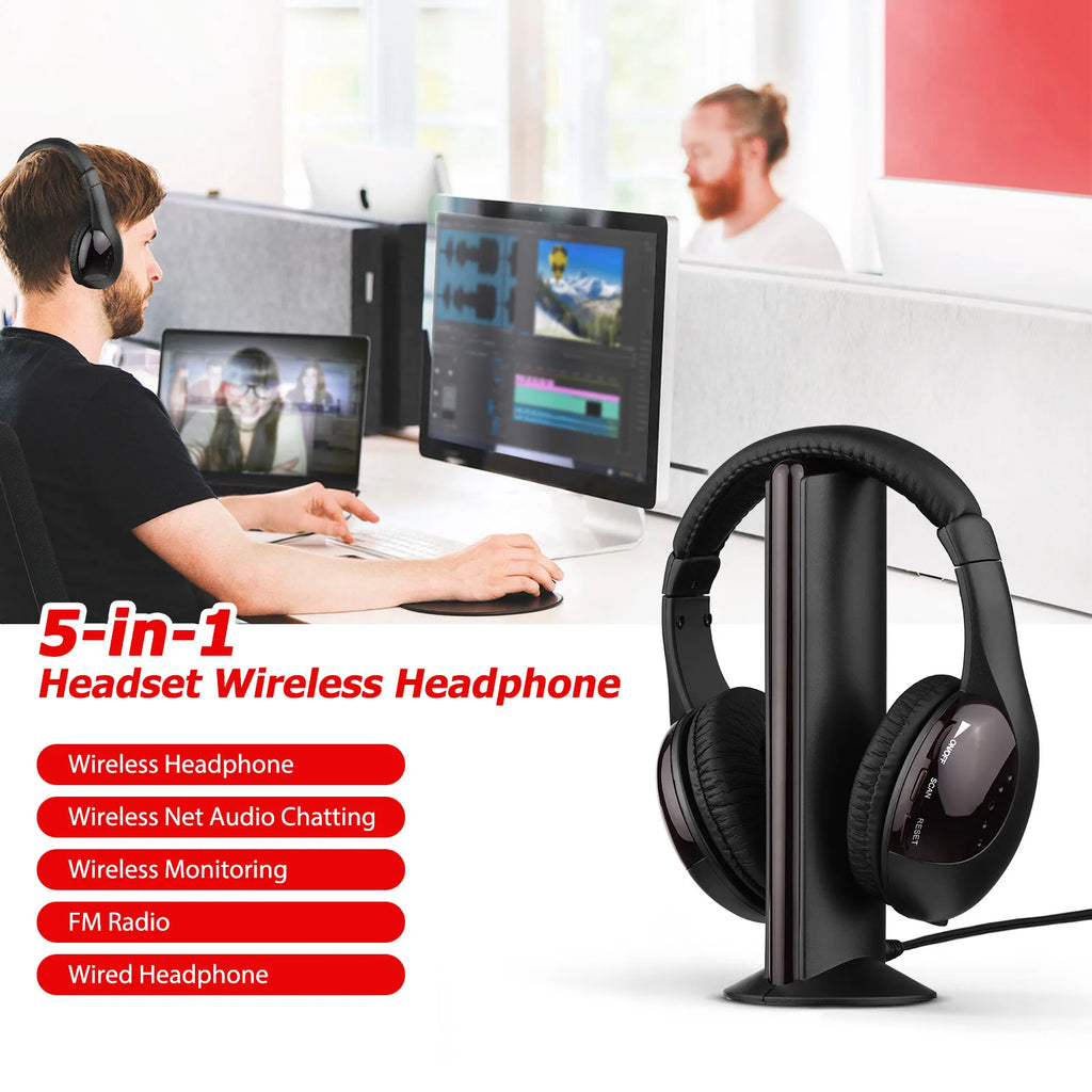 Wireless Headphone Emitter & Receiver Set FM Radio Computer TV Monitor Cordless Headphone Wired Headset with Microphone for TV L
