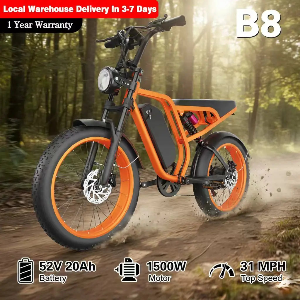 US Stock! 20'' Electric Bike 1500W Motor 52V 20AH 80 Miles 32MPH IP65 Waterproof.