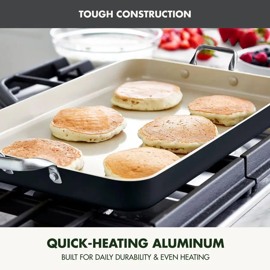 18 x 11 Double Burner Griddle Pan, Hard Anodized Healthy Ceramic Nonstick PFASFree, Stainless Steel Handles, Stovetop Cooking, D