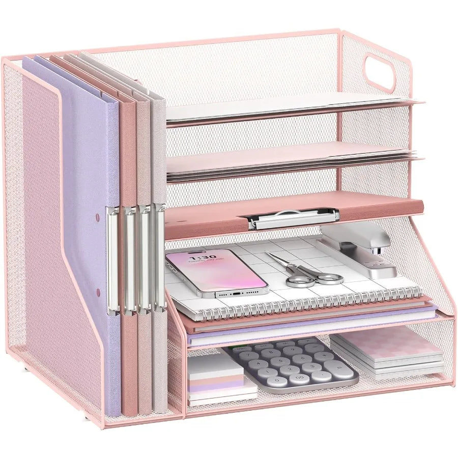 Pink 5-Tier Mesh Paper Letter Tray with Magazine Holder and Desktop Organizer for Office Supplies Storage Ideal Desk Accessory